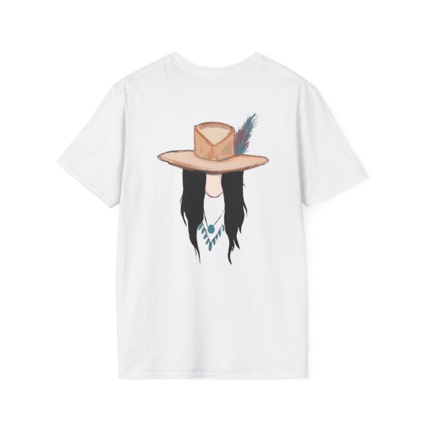 Boho Chic Graphic T-Shirt - Women’s Unisex Softstyle Tee with Feathered Hat Design